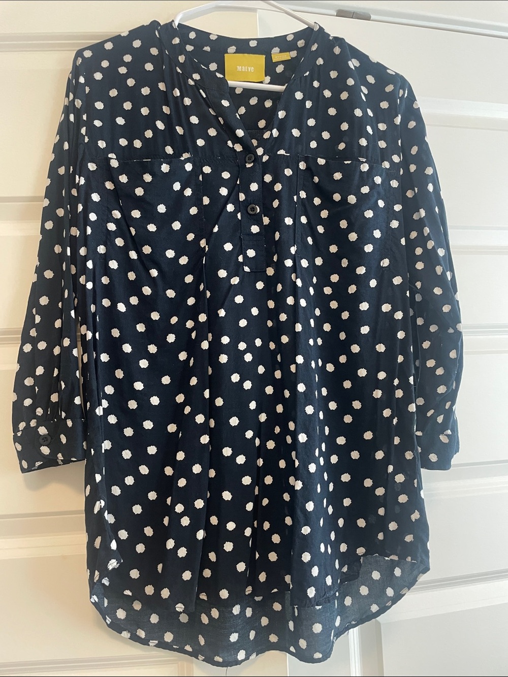 Maeve Navy and White Polka Dot Button-Front Blouse